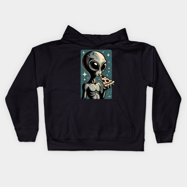Alien Eating Pizza with UFO Retro Style Kids Hoodie by logiamerch