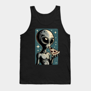 Alien Eating Pizza with UFO Retro Style Tank Top