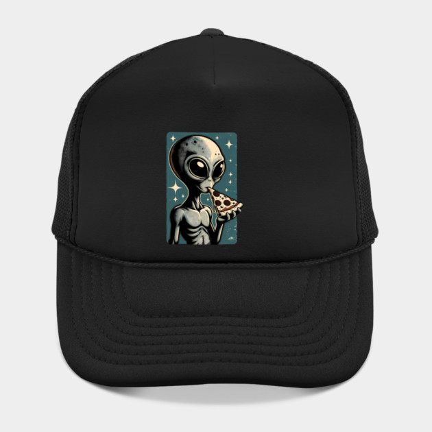 Alien Eating Pizza with UFO Retro Style by logiamerch