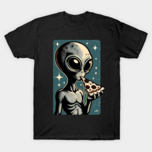 Alien Eating Pizza with UFO Retro Style T-Shirt