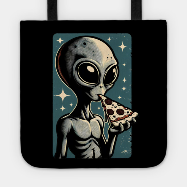 Alien Eating Pizza with UFO Retro Style Tote by logiamerch