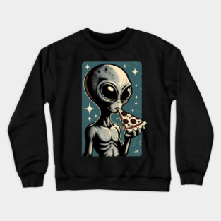 Alien Eating Pizza with UFO Retro Style Crewneck Sweatshirt