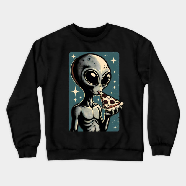 Alien Eating Pizza with UFO Retro Style Crewneck Sweatshirt by logiamerch