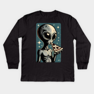 Alien Eating Pizza with UFO Retro Style Kids Long Sleeve T-Shirt