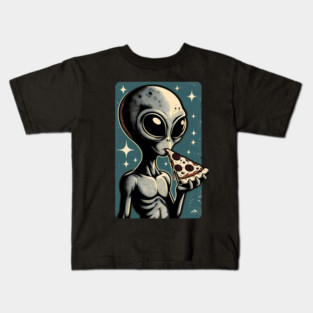 Alien Eating Pizza with UFO Retro Style Kids T-Shirt