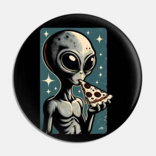 Alien Eating Pizza with UFO Retro Style Pin