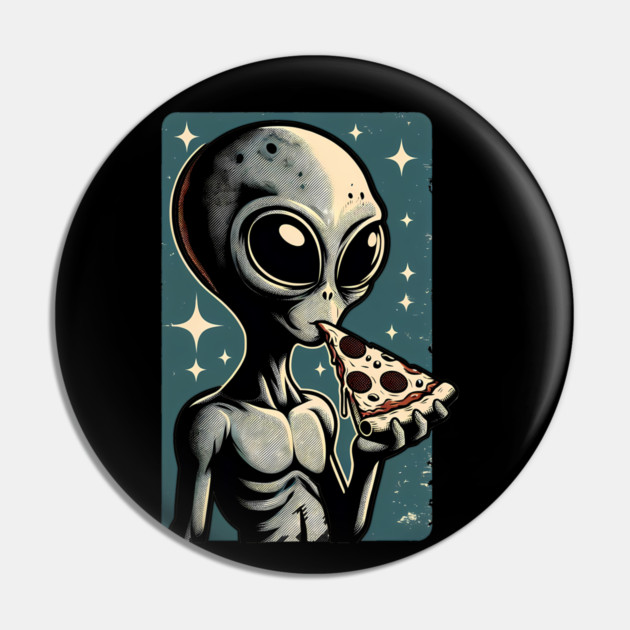 Alien Eating Pizza with UFO Retro Style Pin by logiamerch