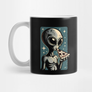 Alien Eating Pizza with UFO Retro Style Mug