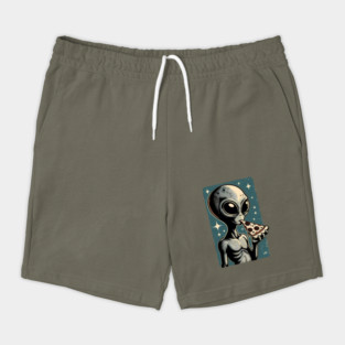 Alien Eating Pizza with UFO Retro Style Shorts