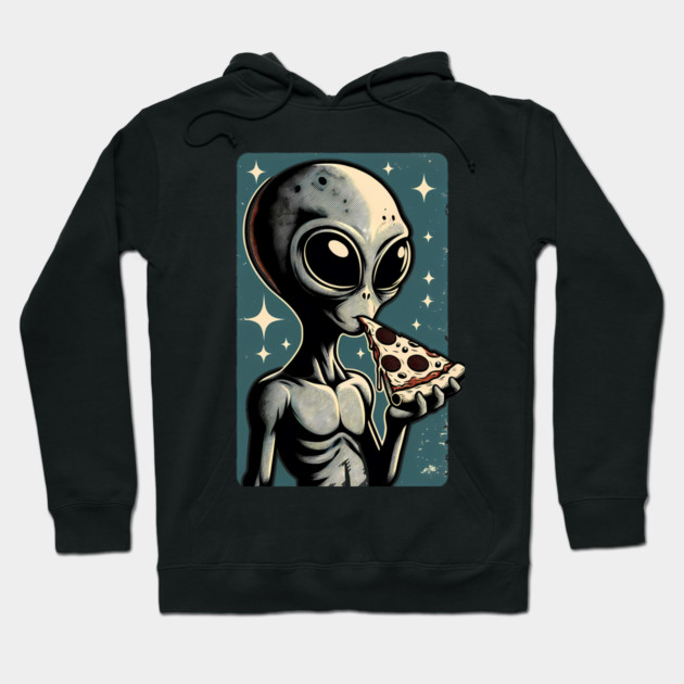 Alien Eating Pizza with UFO Retro Style Hoodie by logiamerch