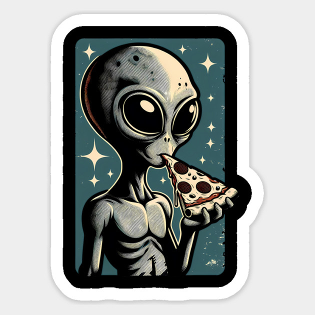 Alien Eating Pizza with UFO Retro Style Sticker by logiamerch