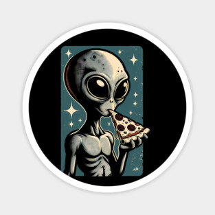 Alien Eating Pizza with UFO Retro Style Magnet