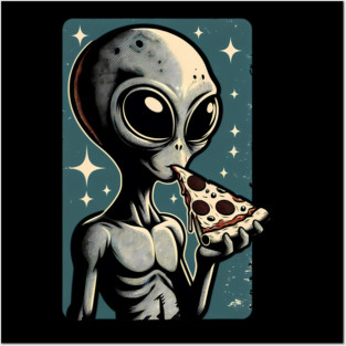 Alien Eating Pizza with UFO Retro Style Posters and Art