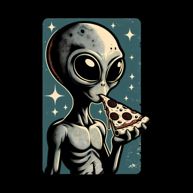 Alien Eating Pizza with UFO Retro Style by logiamerch