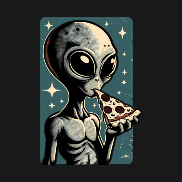 Alien Eating Pizza with UFO Retro Style by logiamerch