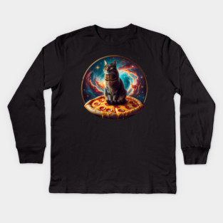 Cat in Space with Pizza, Funny Pizza Lover Kids Long Sleeve T-Shirt