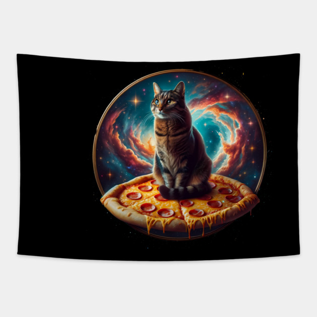 Cat in Space with Pizza, Funny Pizza Lover Tapestry by logiamerch