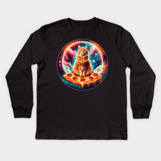Cat with Pizza in Space, Funny Pizza Lover Kids Long Sleeve T-Shirt