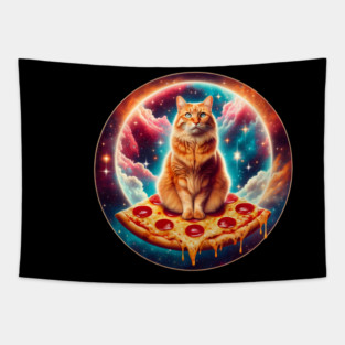 Cat with Pizza in Space, Funny Pizza Lover Tapestry