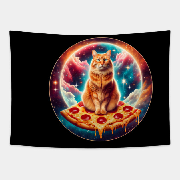 Cat with Pizza in Space, Funny Pizza Lover Tapestry by logiamerch