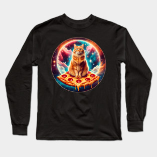 Cat with Pizza in Space, Funny Pizza Lover Long Sleeve T-Shirt