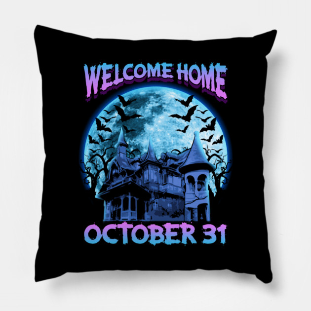 Halloween Hunted House Spooky Welcome Home Pillow by creative