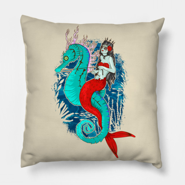 Day of Dead Mermaid on Seahorse Halloween Sugar Skull Pillow by creative