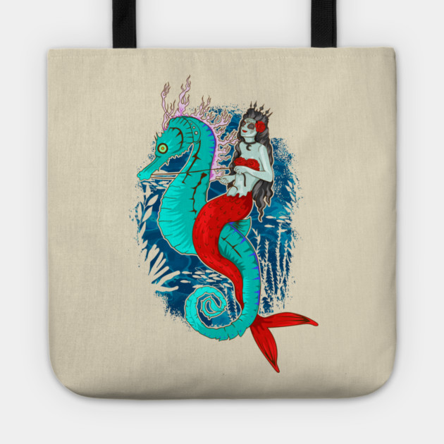 Day of Dead Mermaid on Seahorse Halloween Sugar Skull Tote by creative