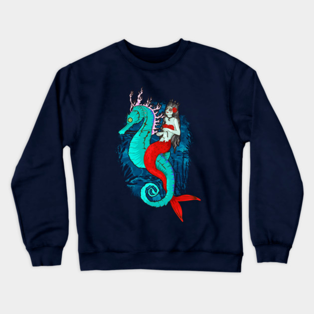 Day of Dead Mermaid on Seahorse Halloween Sugar Skull Crewneck Sweatshirt by creative