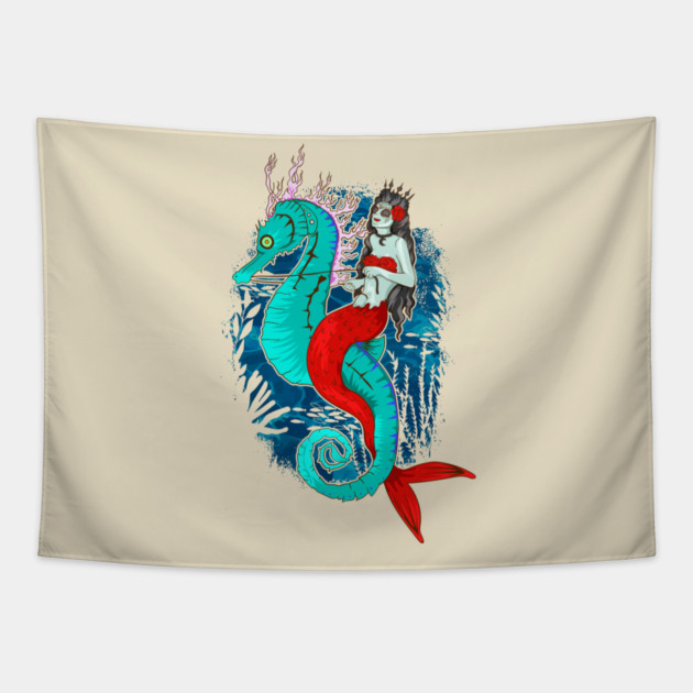 Day of Dead Mermaid on Seahorse Halloween Sugar Skull Tapestry by creative