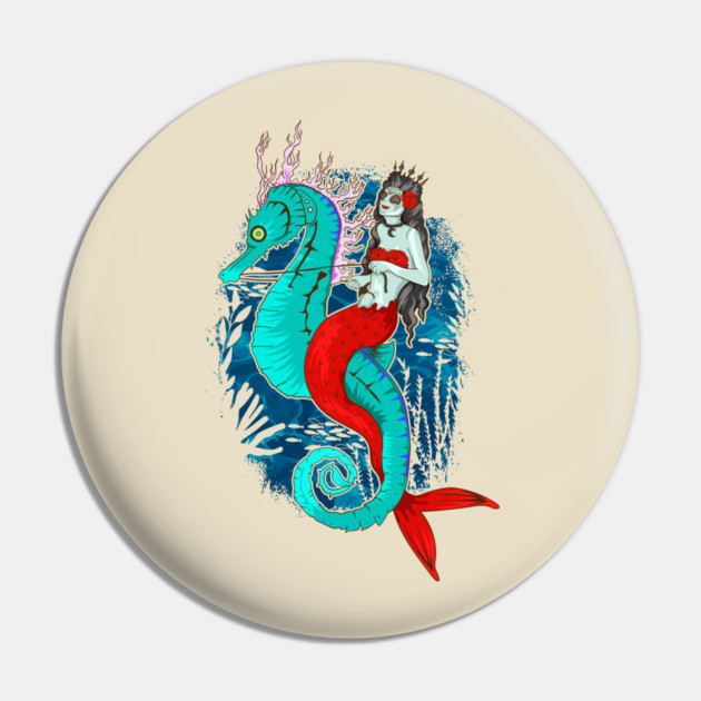 Day of Dead Mermaid on Seahorse Halloween Sugar Skull Pin by creative