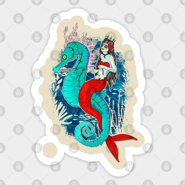 Day of Dead Mermaid on Seahorse Halloween Sugar Skull Sticker by creative