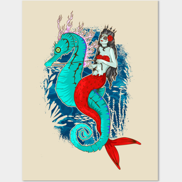 Day of Dead Mermaid on Seahorse Halloween Sugar Skull Wall Art by creative