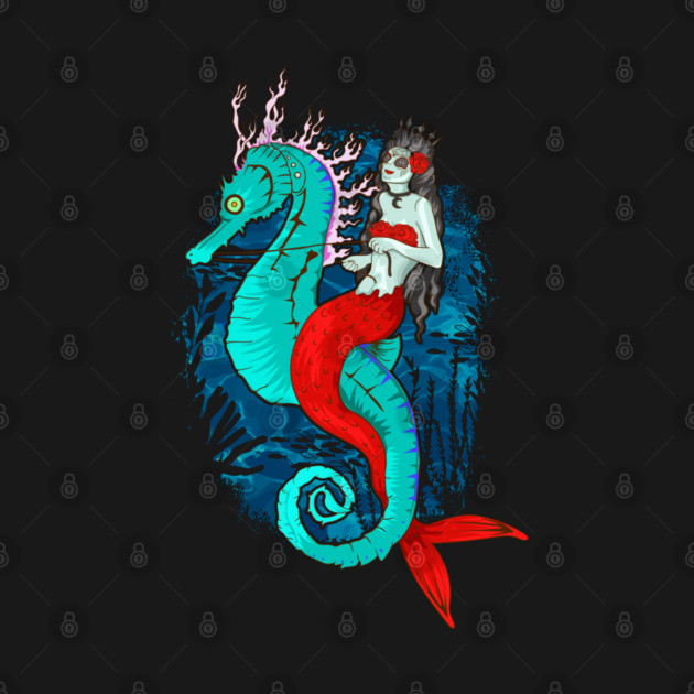 Day of Dead Mermaid on Seahorse Halloween Sugar Skull by creative