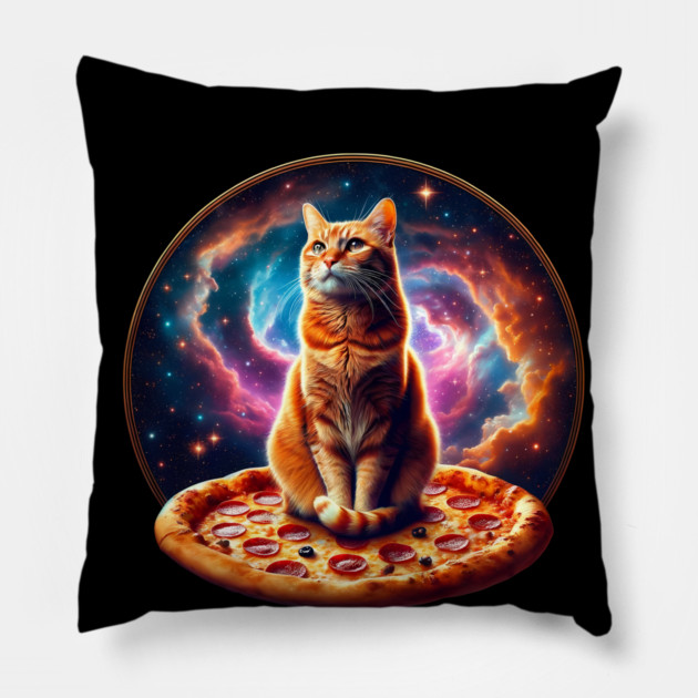 Orange Cat with Pizza in Space, Funny Pizza Lover Pillow by logiamerch