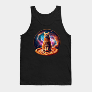 Orange Cat with Pizza in Space, Funny Pizza Lover Tank Top