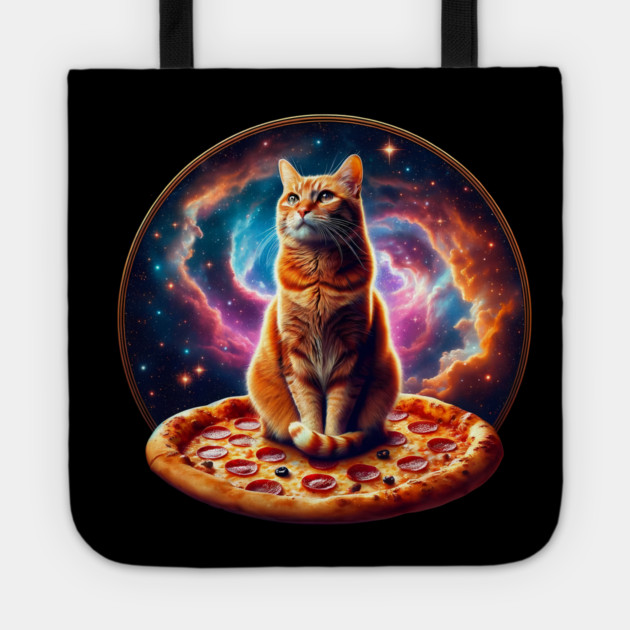 Orange Cat with Pizza in Space, Funny Pizza Lover Tote by logiamerch