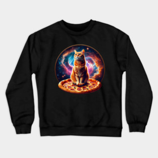 Orange Cat with Pizza in Space, Funny Pizza Lover Crewneck Sweatshirt