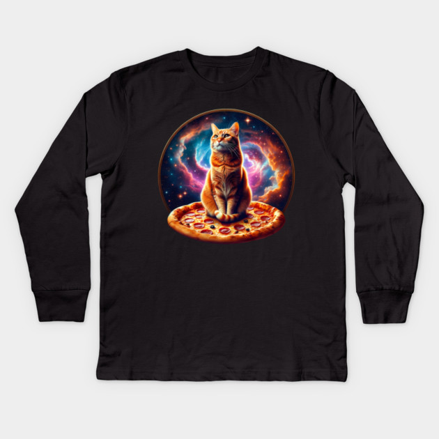 Orange Cat with Pizza in Space, Funny Pizza Lover Kids Long Sleeve T-Shirt by logiamerch