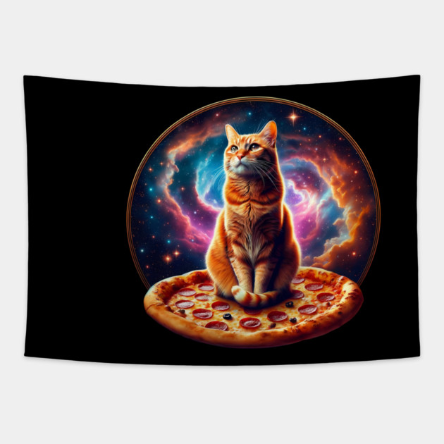 Orange Cat with Pizza in Space, Funny Pizza Lover Tapestry by logiamerch
