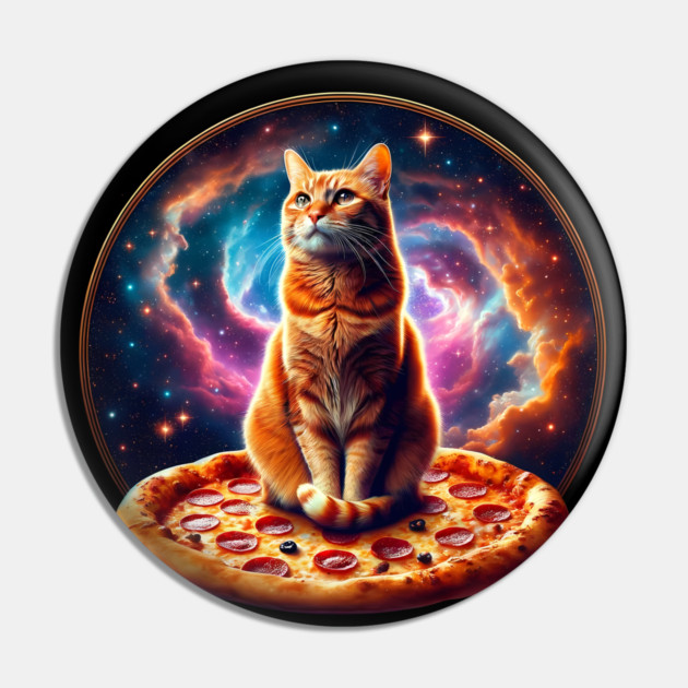 Orange Cat with Pizza in Space, Funny Pizza Lover Pin by logiamerch