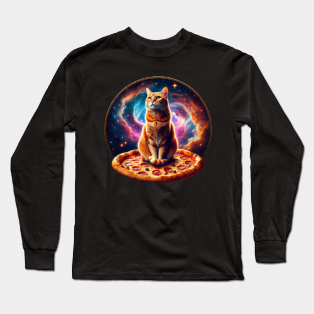 Orange Cat with Pizza in Space, Funny Pizza Lover Long Sleeve T-Shirt by logiamerch