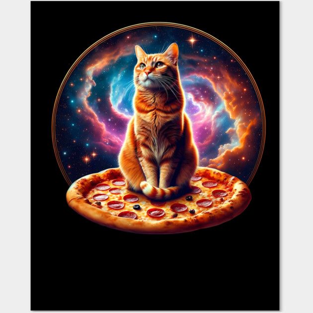 Orange Cat with Pizza in Space, Funny Pizza Lover Wall Art by logiamerch
