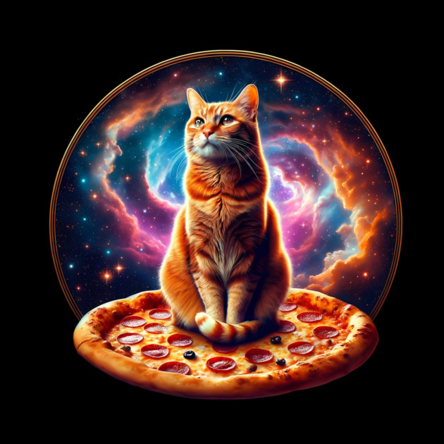 Orange Cat with Pizza in Space, Funny Pizza Lover by logiamerch