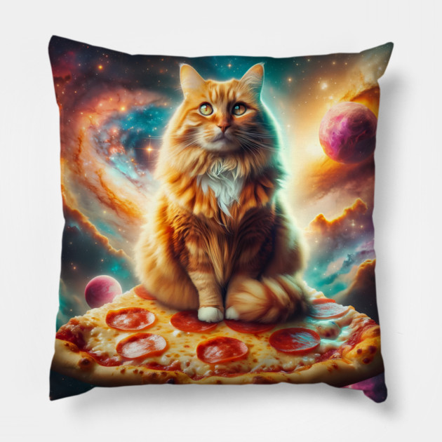 Orange Cat with Pizza in Space, Funny Pizza Lover Pillow by logiamerch
