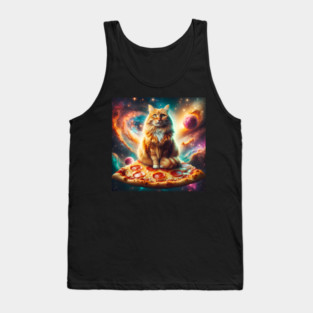 Orange Cat with Pizza in Space, Funny Pizza Lover Tank Top