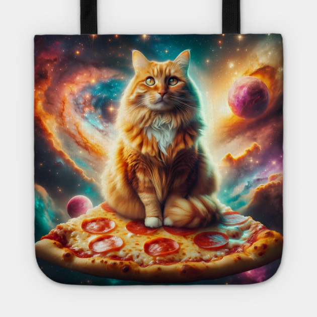 Orange Cat with Pizza in Space, Funny Pizza Lover Tote by logiamerch