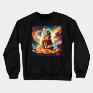 Orange Cat with Pizza in Space, Funny Pizza Lover Crewneck Sweatshirt