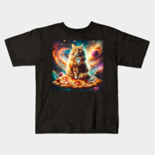 Orange Cat with Pizza in Space, Funny Pizza Lover Kids T-Shirt