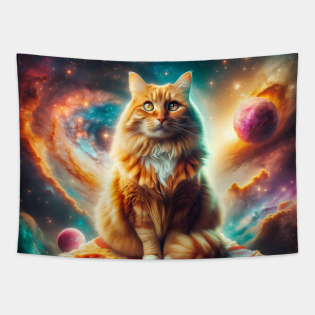 Orange Cat with Pizza in Space, Funny Pizza Lover Tapestry by logiamerch